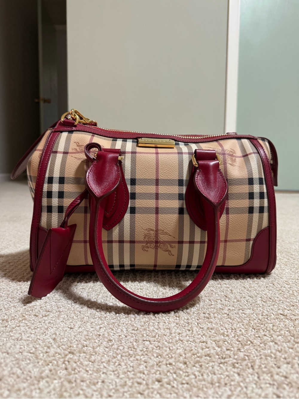 Burberry Beige Check Satchel with Burgundy Trim | Large Size